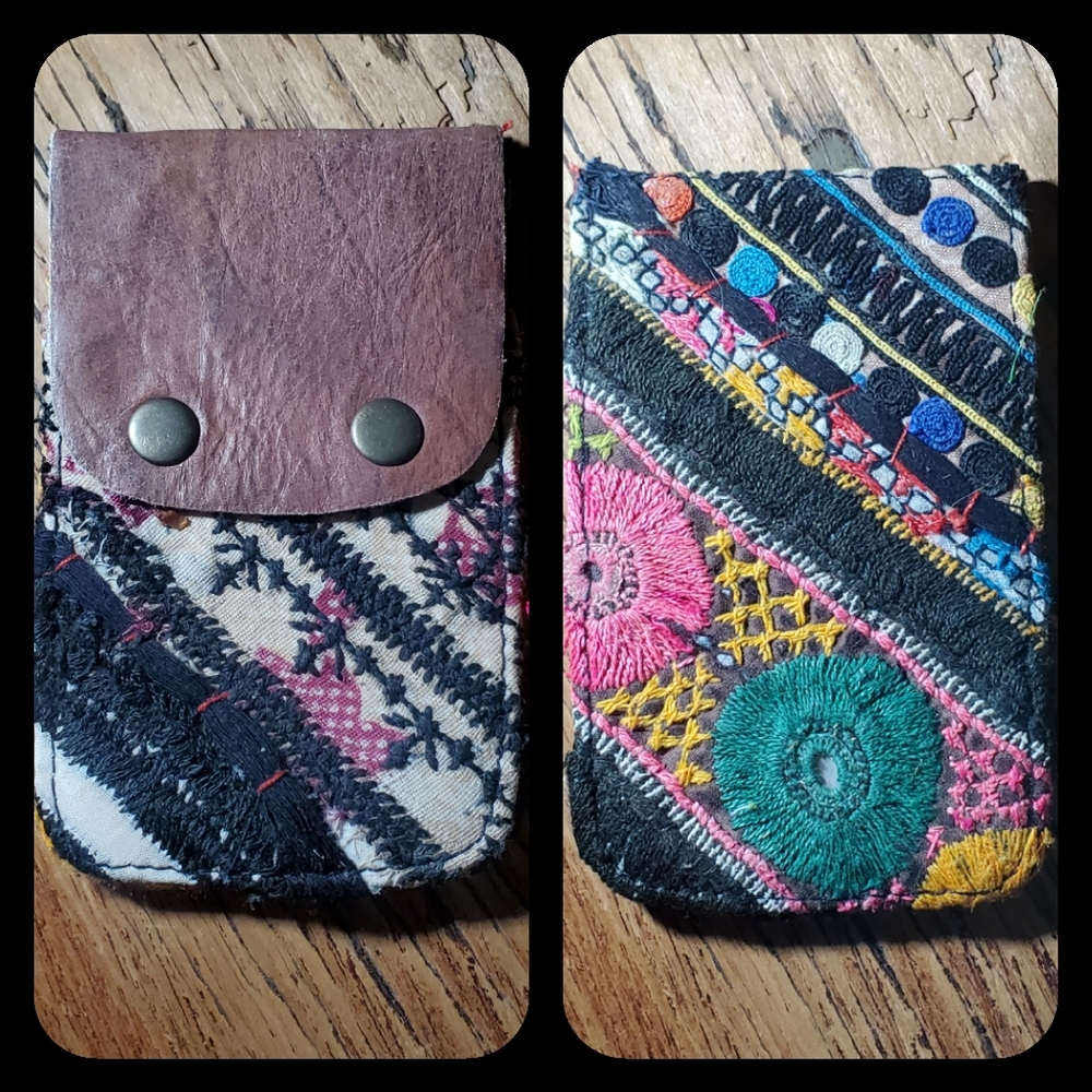 🍳🧠 Free People Boho Embroidered Repurposed vtg banjara hippie Wallet card case
